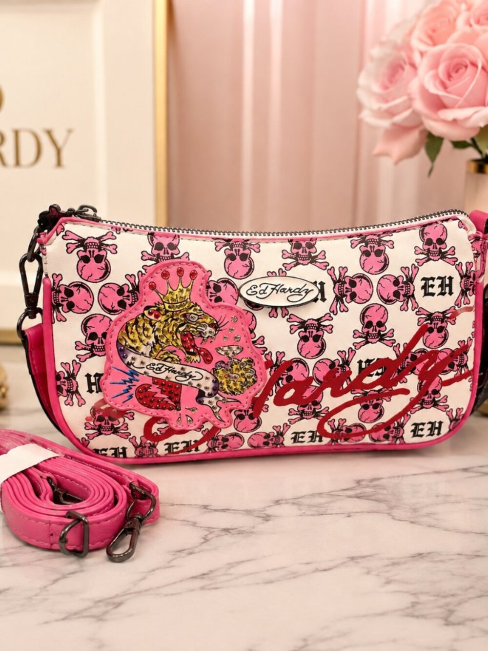 Ed Hardy Pink Skull Tiger Rhinestone Shoulder Bag Crossbody NWT
